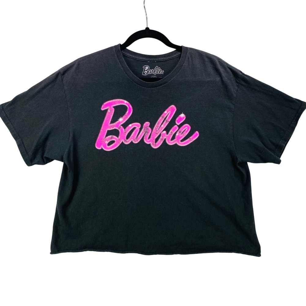 Barbie‎ Shirt Crop Top 100% Cotton Large Black Pink Logo Movie Merch T-Shirt